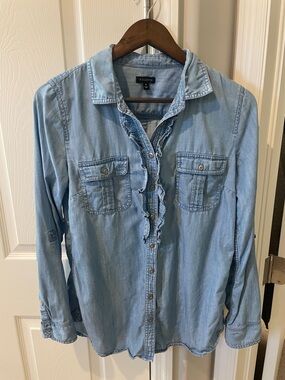 Talbots Light Blue Denim Ruffle-Trim Button Shirt
